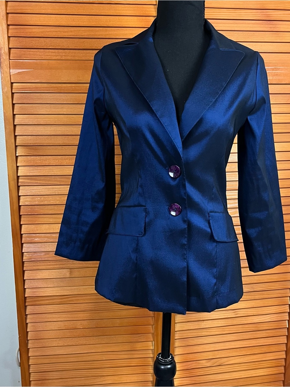 XOXO Deep Navy Satin Blazer with Statement Buttons